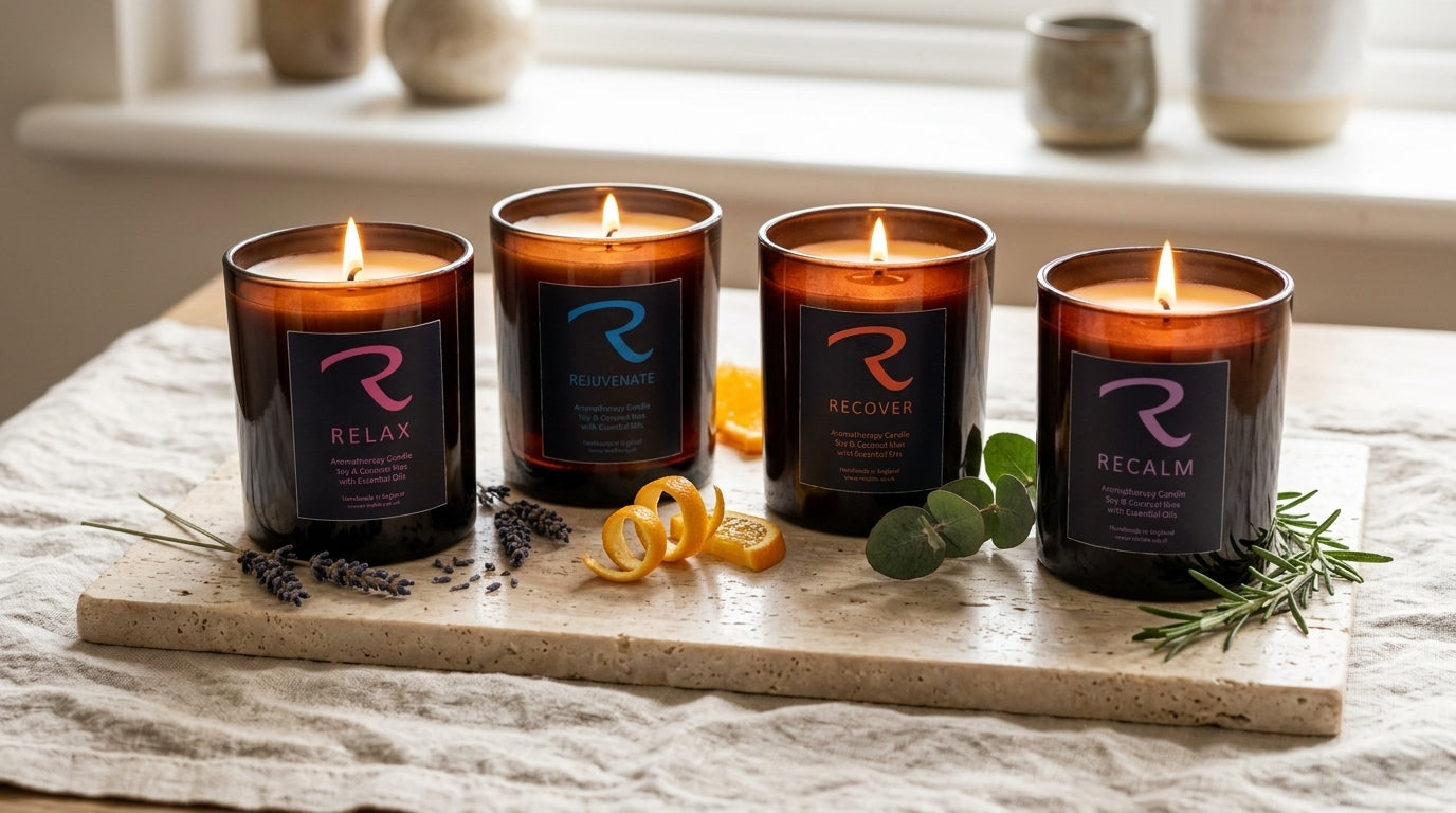 Aromatherapy Candles by ReCalm Holistic, Handcrafted in Wiltshire, British-made, Soy Wax Candles with Essential Oils, Non-toxic, Wellbeing Mood Boosting Candles