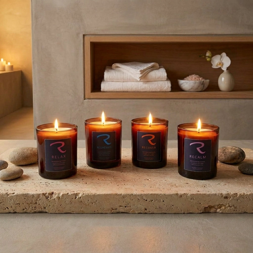 Hand-poured natural aromatherapy candles in amber glass jars on a minimalist surface, showcasing clean vegan soy and coconut wax blends