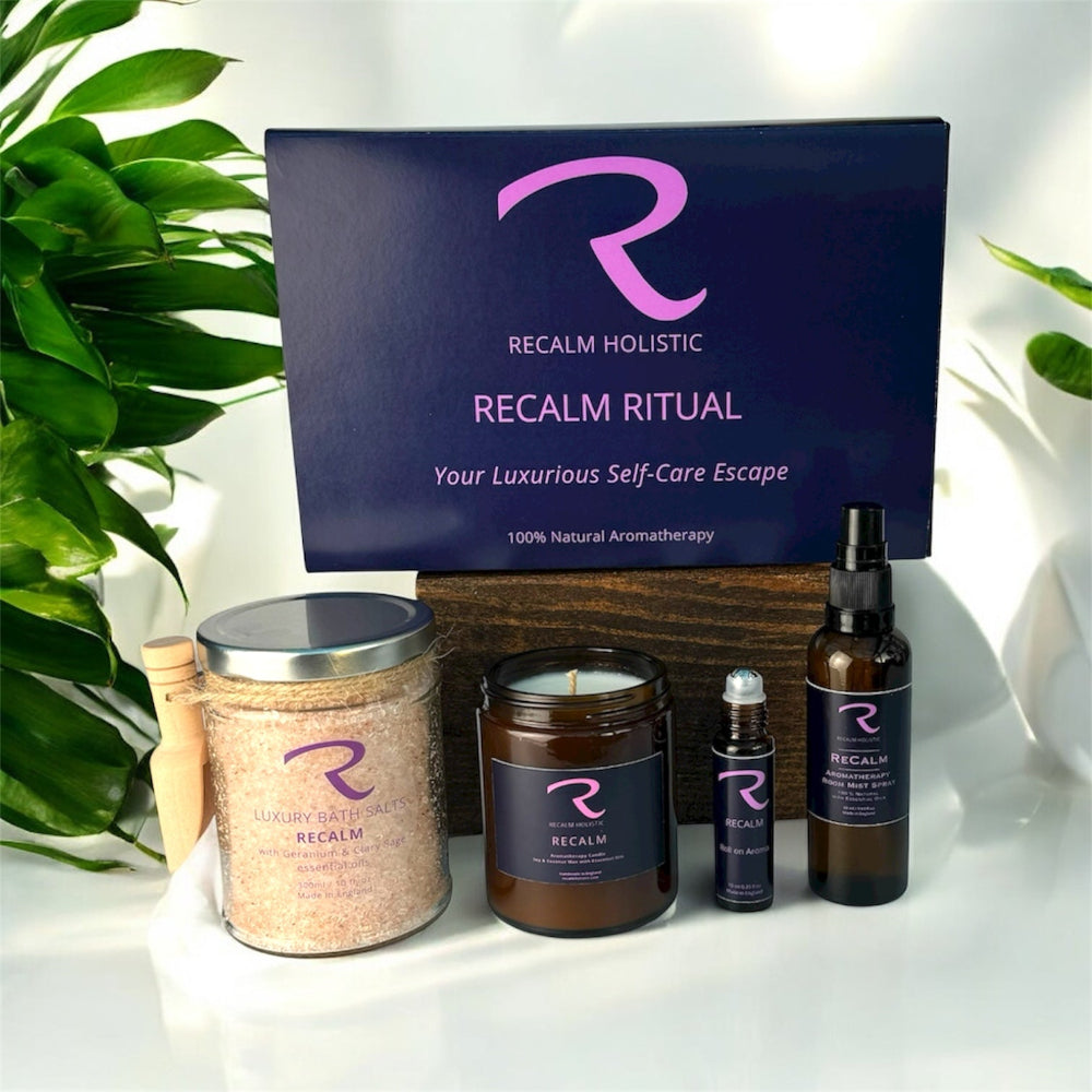 ReCalm Ritual Gift Set with Matching products including Botanical Bath Salts, Aromatherapy Candle, Roll on Pulse Points Oil, Aromatherapy in a Jar and Aromatherapy in a Mist Spray