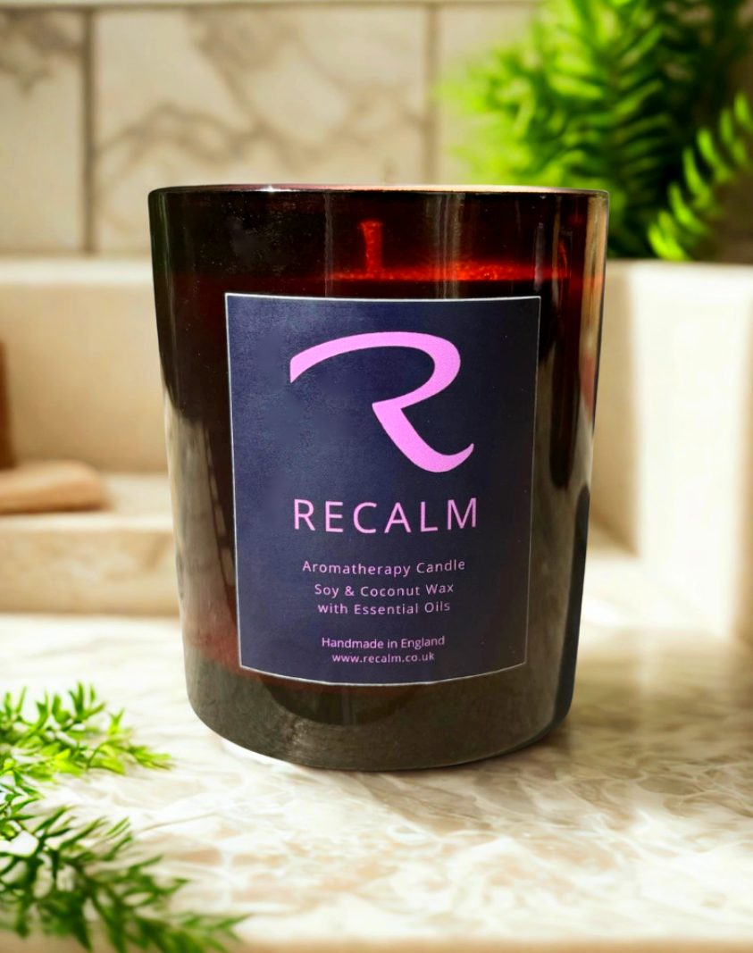 ReCalm Aromatherapy Spa Candle with pure essential oils of Geranium, Clary Sage and Rosemary, to calm your nervous system, ground your emotions, this uplifting floral natural aroma is spa reminicent