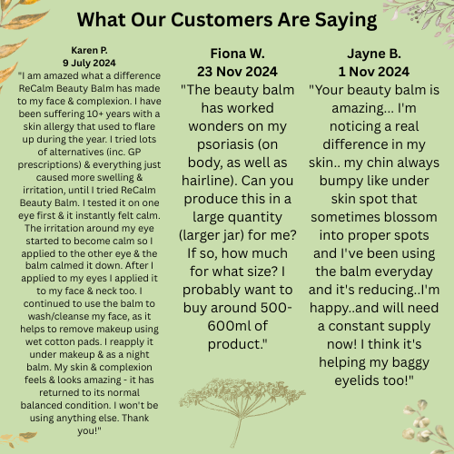 Reviews of a beauty balm with customer names and dates on a green background