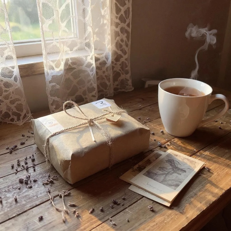 ReCalm Gift wrapped in brown paper with string, steaming cup of tea, and old book on a wooden table. ReCalm Holistic Gift Wrap Service