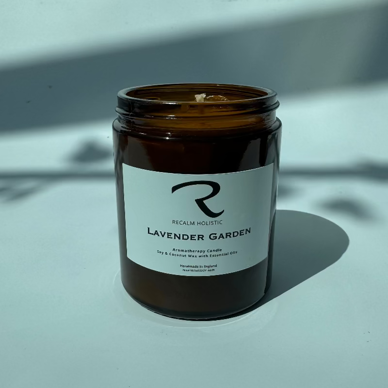 Lavender Garden Candle in Amber Glass Jar with white label and ReCalm Holistic 'R' Logo, Finest Aromatherapy Candles in the world