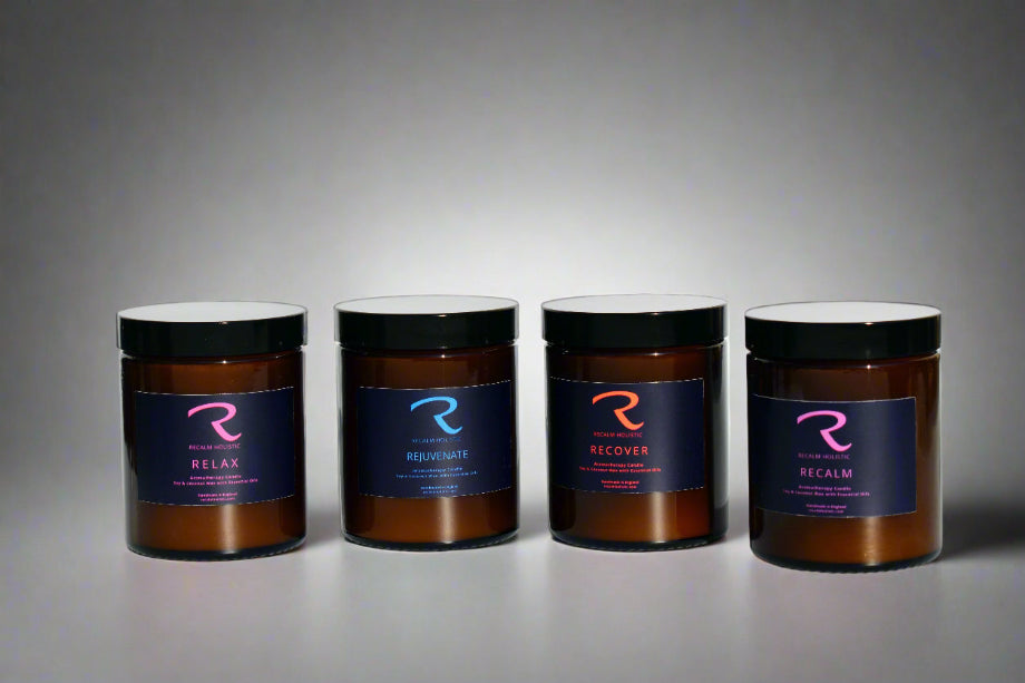 Aromatherapy Candles set of four, Relax Candle, Rejuvenate Candle, Recover Candle, ReCalm Candle, amber glass jars, mood boosting candles, best natural candles, made from pure plant ingredients