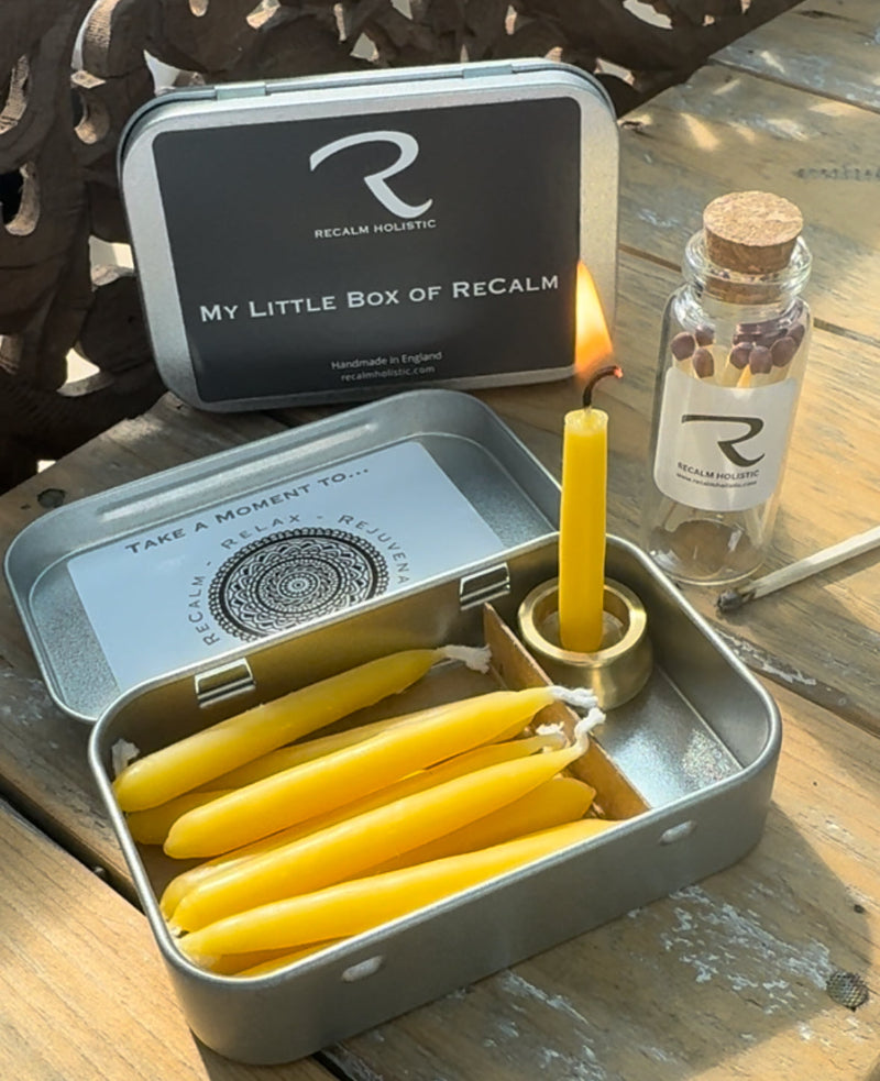 Small metal box with beeswax mini yellow candles, 20 min beeswax candles and little cute glass jar of matches.  'My little box of ReCalm' by ReCalm Holistic, for Mindful Moments