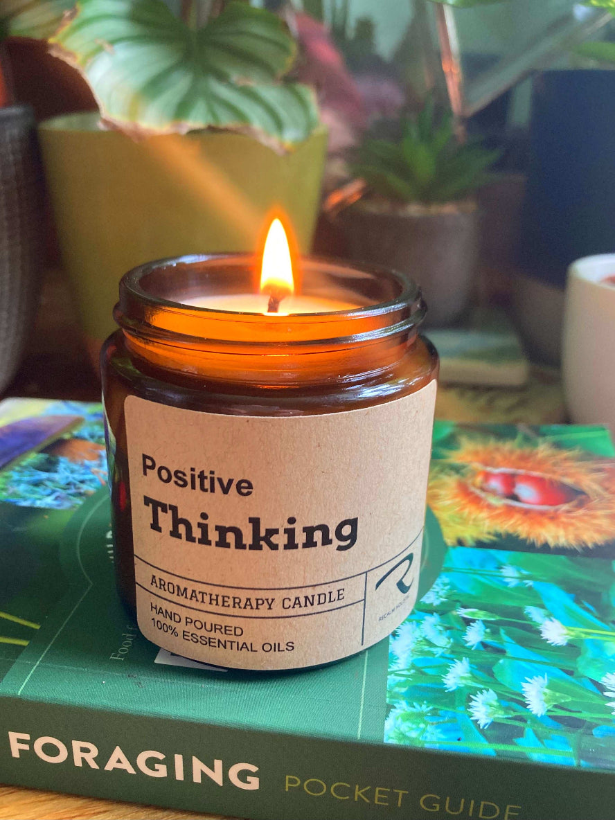 Candle labeled 'Positive Thinking' on a book with plants in the background