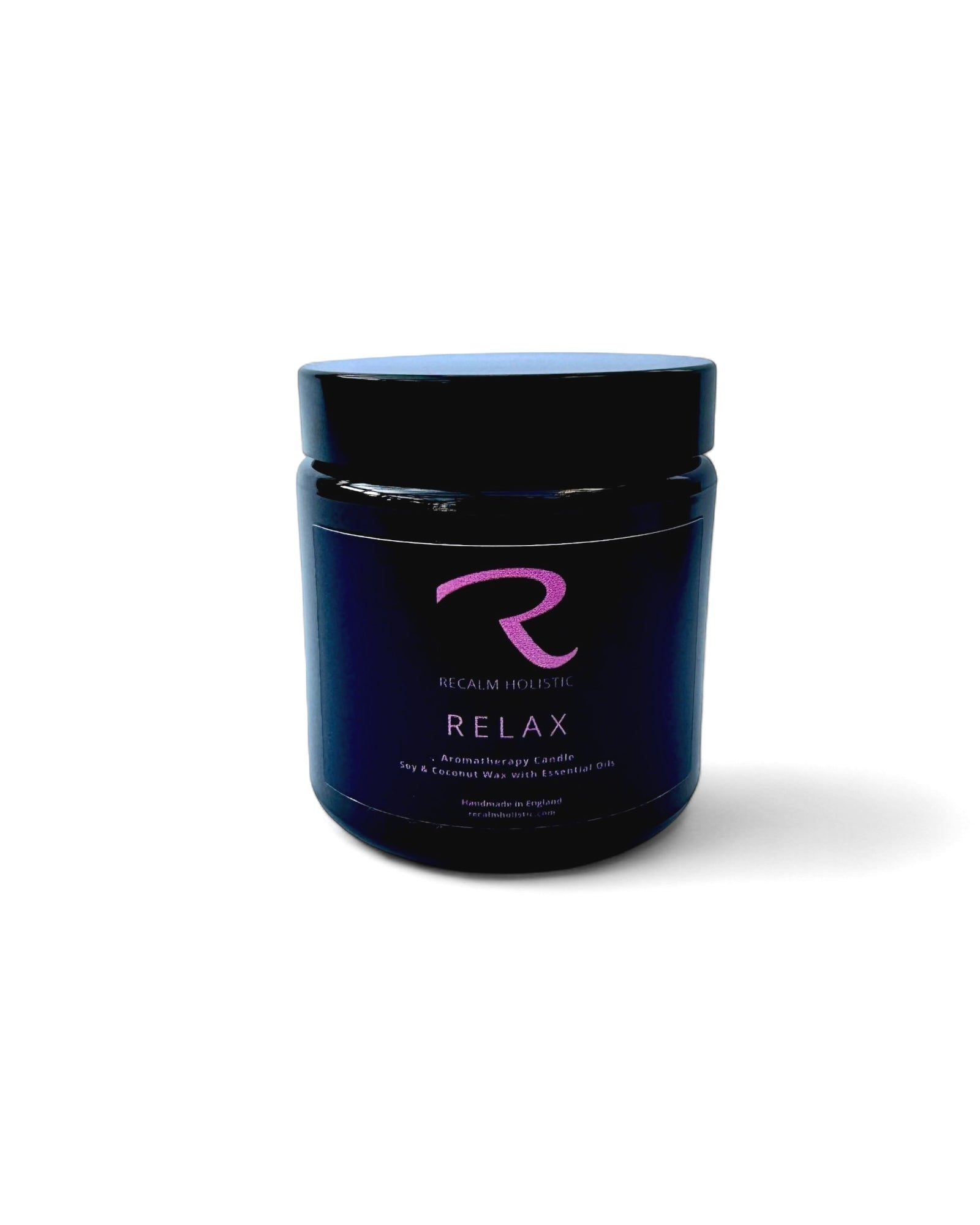 Jar labeled 'Relax' with a logo on a white background