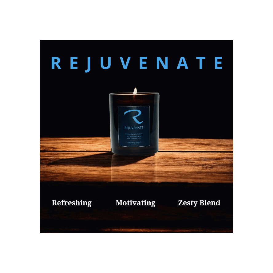 Candle with 'Rejuvenate' branding on a wooden surface for motivate you while you work during the day