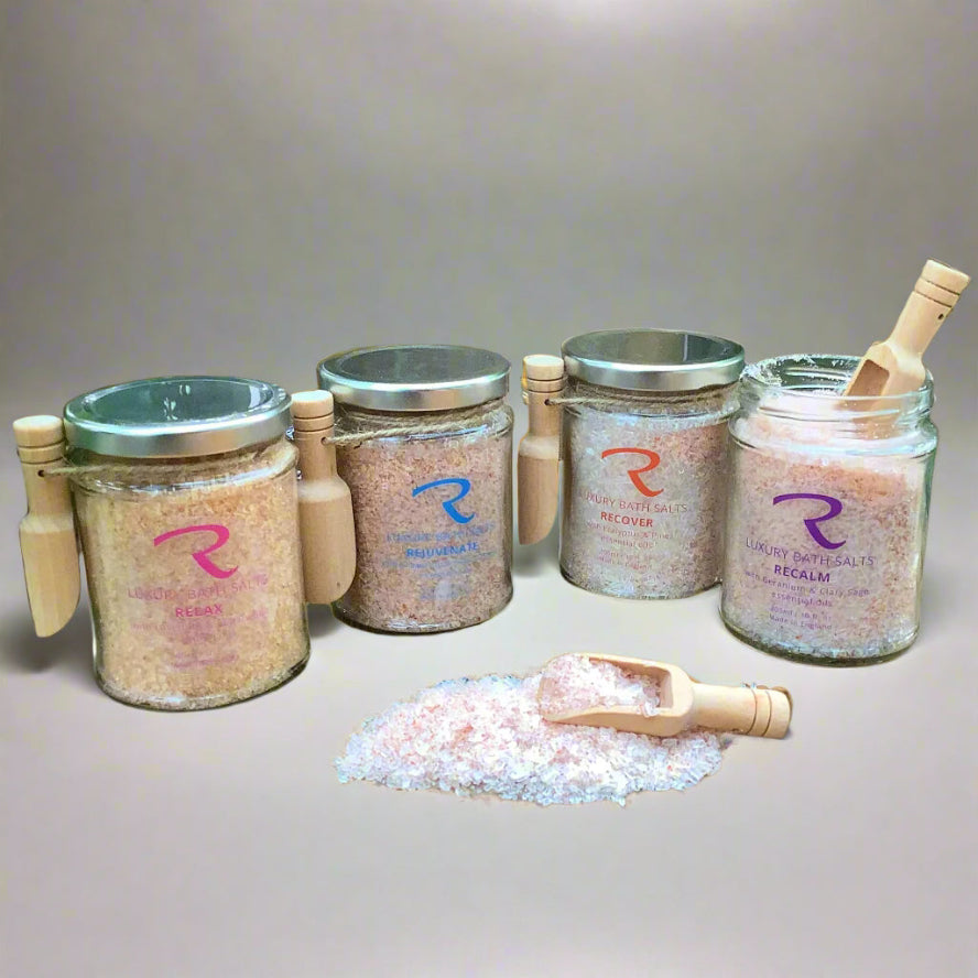 Self Care Ritual to ease all your aches and pains away with our aromatherapy luxury Bath Salts to Relax, Rejuvenate, Recover and ReCalm