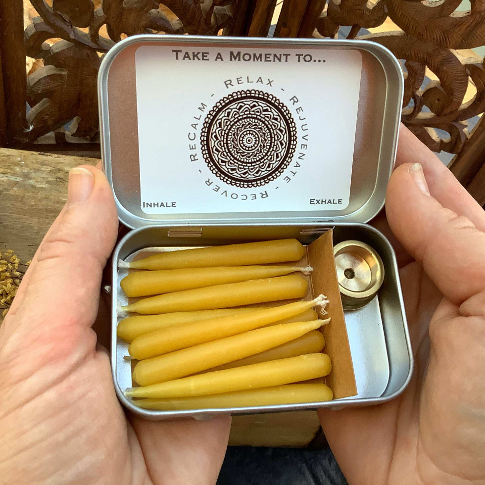 Little portable tin with brass stand and 10 x Mini Beeswax candles, for mindful moments, 20 mins burn time each candle and refillable candles to purchase
