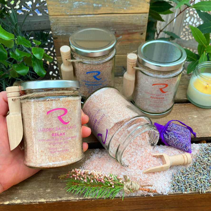 Transform your bath time into a sanctuary of relaxation with our 100% natural botanical bath salts in 300ml glass jars with wooden scoop