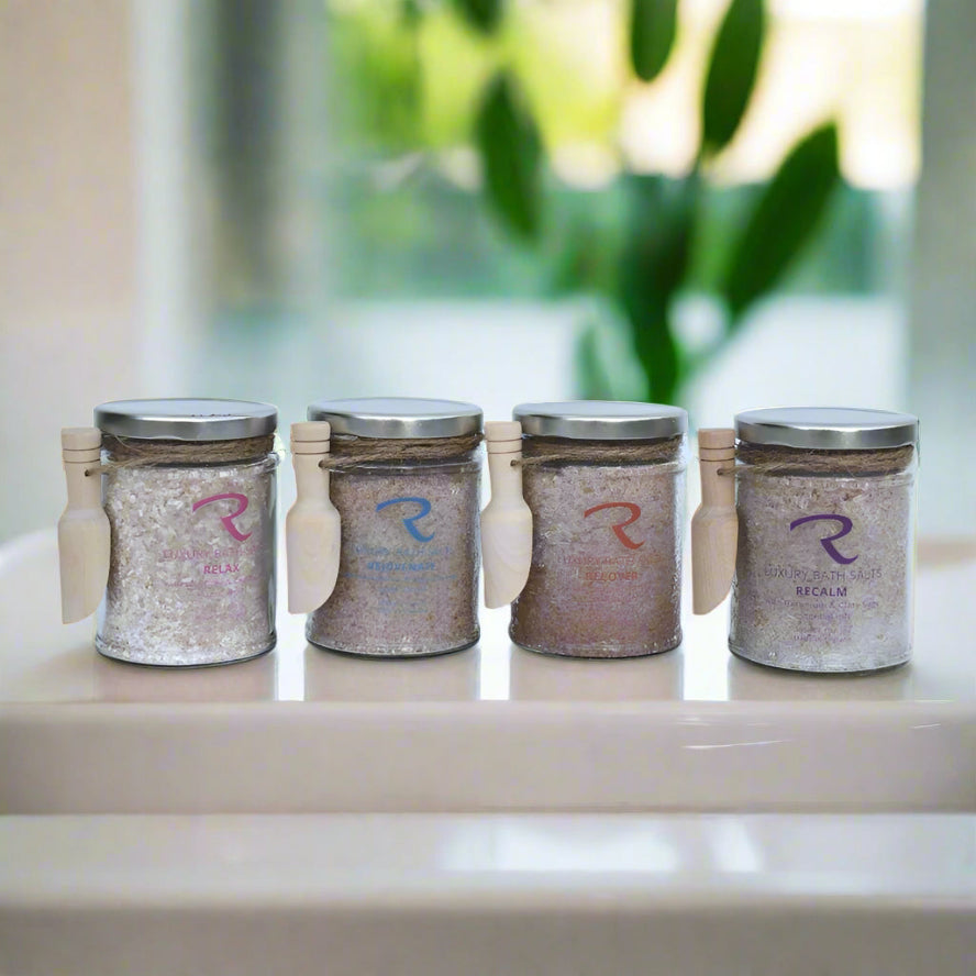 Soothing botanical bath salts with essential oils, four options to choose from depending on your mood or need, from Relax, Rejuvenate, Recover or ReCalm