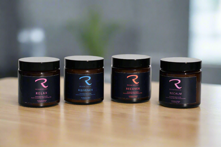 Set of 4 candles, Relax Candle, Rejuvenate Candle, Recover candle, ReCalm Candle, Aromatherapy Candles, Mood Boosting Candles to Relax, Rejuvenate, Recover and ReCalm, crafted from pure plant ingredients