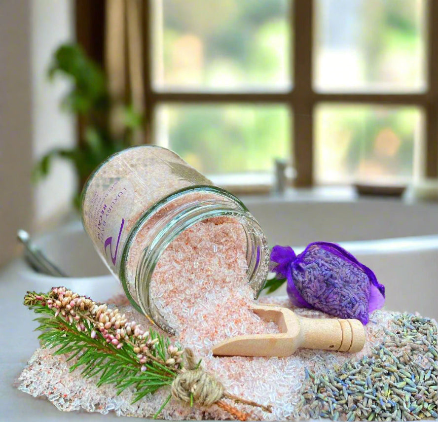 ReCalm Bath Salts, designed to calm the nervous system, for women's balance, reminiscent of a deeply relaxing spa experience.