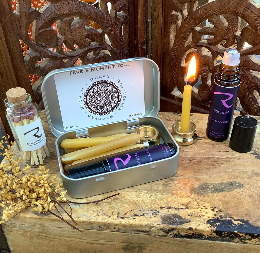 Little Tin of Beeswax Candles and ReCalm Pulse Points Calming Body Oil, Portable, meditation in your pocket