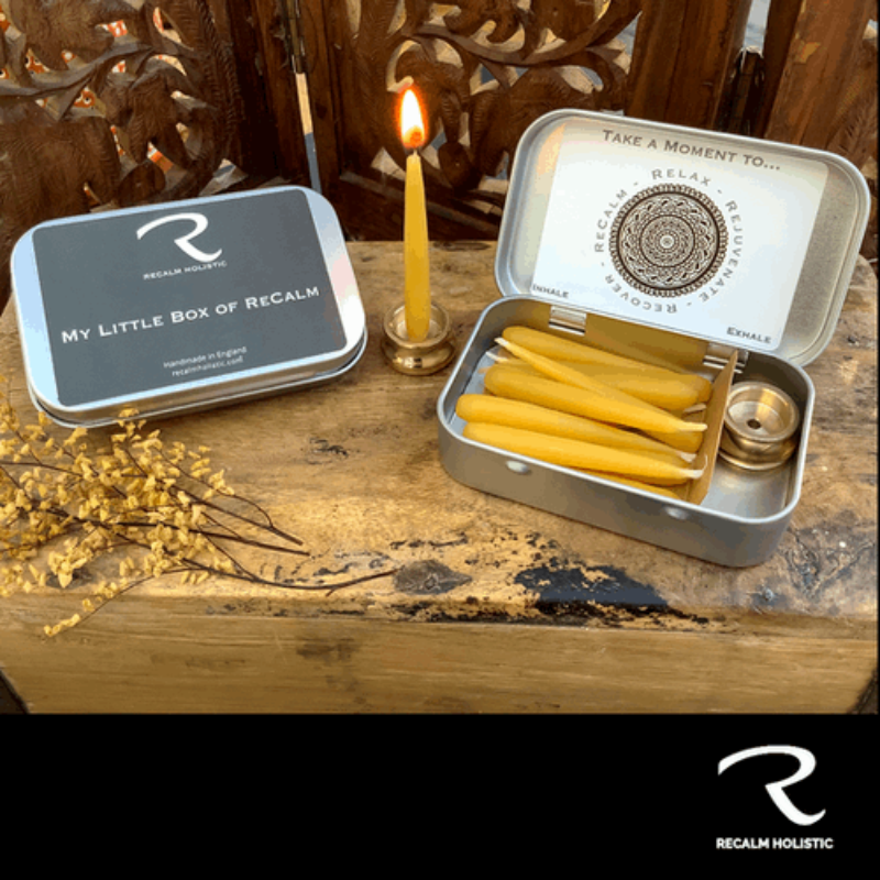 Mindful Moments Beeswax Candles 20 mins Candles in portable tin with with solid brass stand