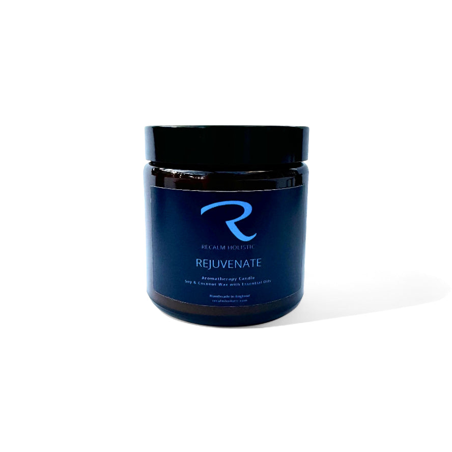 Rejuvenate Mood Boosting Energy Candle to help you feel happy and focused, with essential oils of Orange, Lemon and Lime