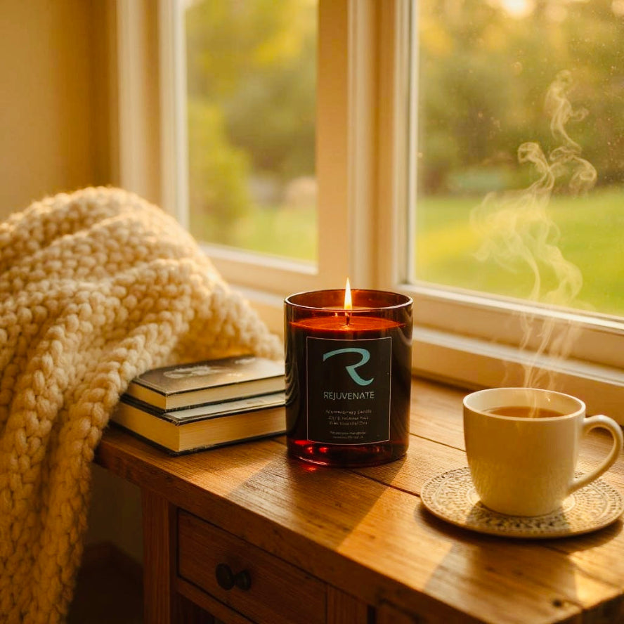 Candle labeled 'Rejuvenate' with a steaming cup of coffee on a wooden surface near a window.