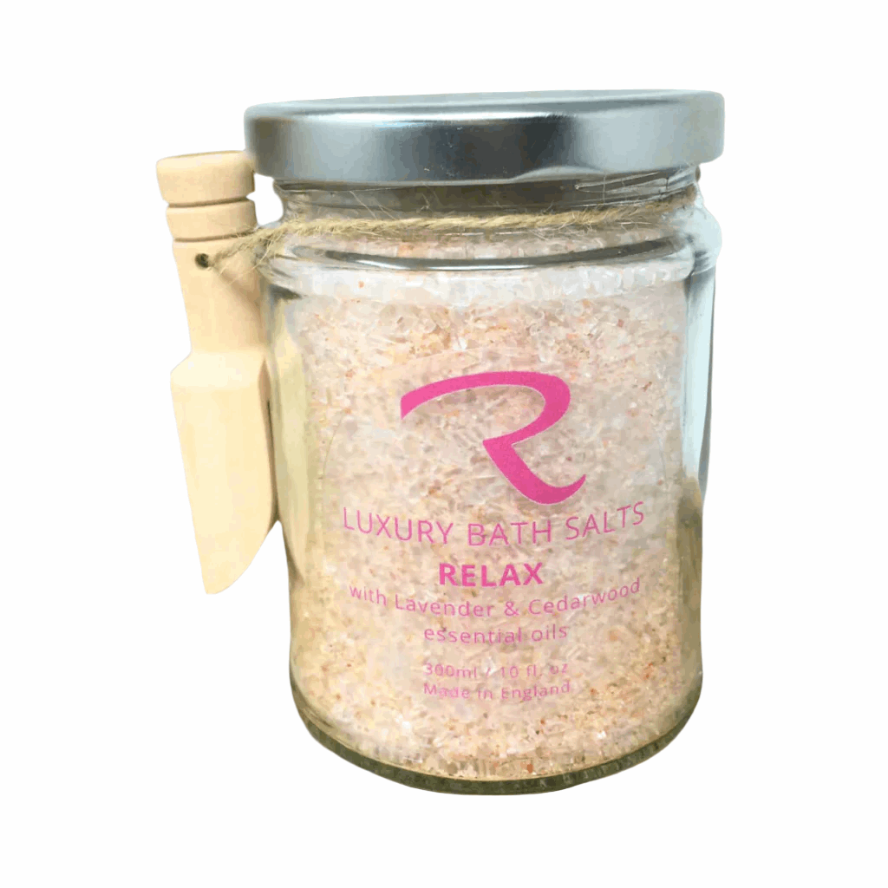 Epsom Bath Salts with essential oils for encouraing a good night's sleep, in Glass Jar 300ml with wooden Scoop, Relax Bath Salts, ReCalm Holistic, Himalayan Bath Salts