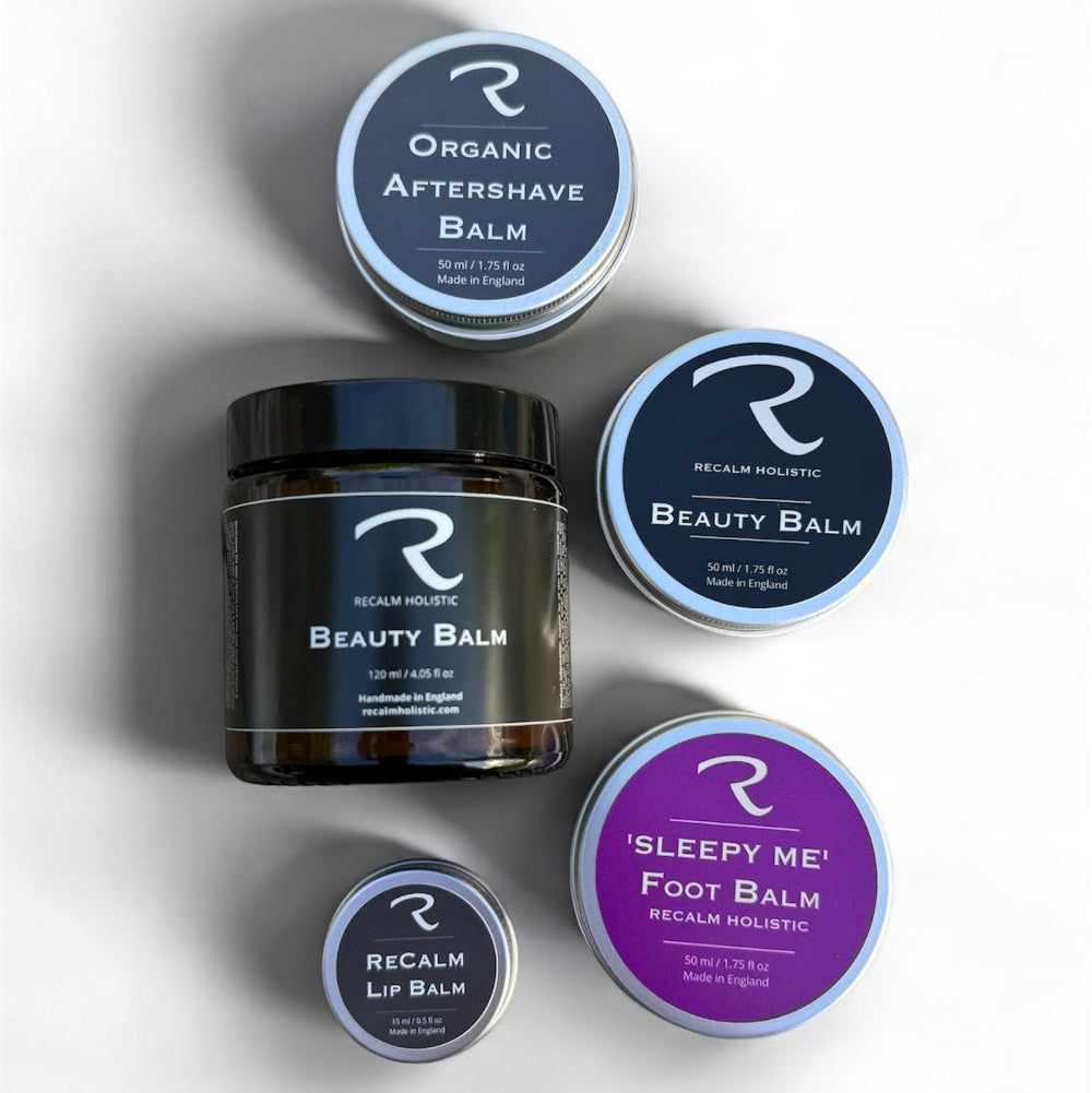 100% Natural Skincare products by ReCalm Holistic, with nourishing hero products such as ReCalm Beauty Balm, a remarkable outstanding product with outstanding testimonials, Sleepy Me Balm, Organic Aftershave Balm and ReCalm Lip Balm