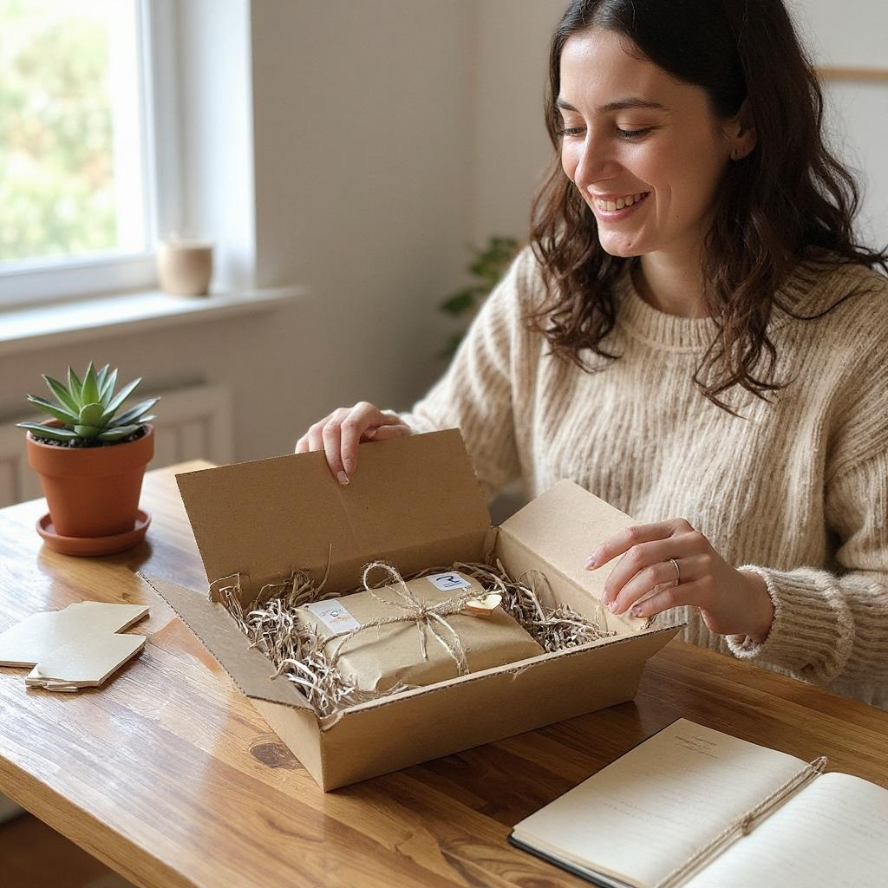 Woman opening a box of wrapped items on a wooden table with a plant and notebook in the background.