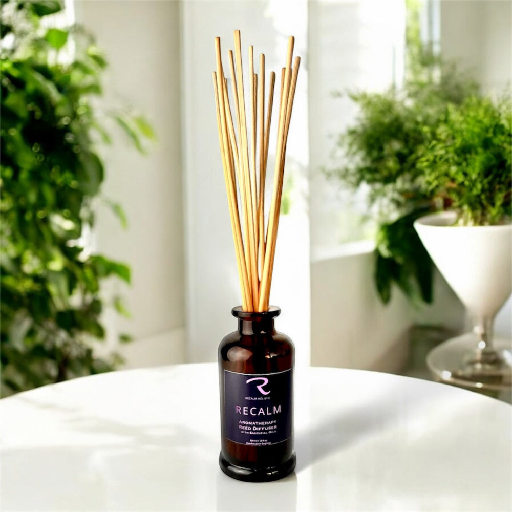 ReCalm Reed Diffuser, in bathroom, with Geranium, Rosemary and Clary Sage, Natural Home Fragrance, With Essential Oils