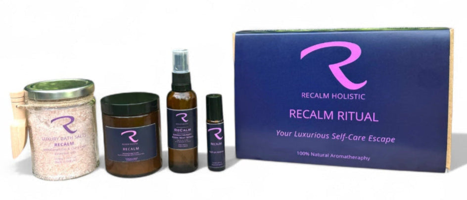 Collection of self-care products with 'Recalm Holistic' branding on a white background