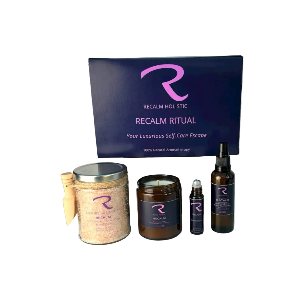 ReCalm Ritual Wellbeing Gift Set, for your weekly night of pure indulgence to top of those energy reserves and feel amazing with ReCalm Holistic's Aromatherapy Products Bathe in Botanical Bath Salts, Whilst enjoying your Aromatherapy Candle and applying your pulse points and spritzing your bathroom with the matching ReCalm Signature Aroma, this is the ultimate self-care experience that is made using the finest 100% natural ingredients and truly the finest quality you will find in the UK