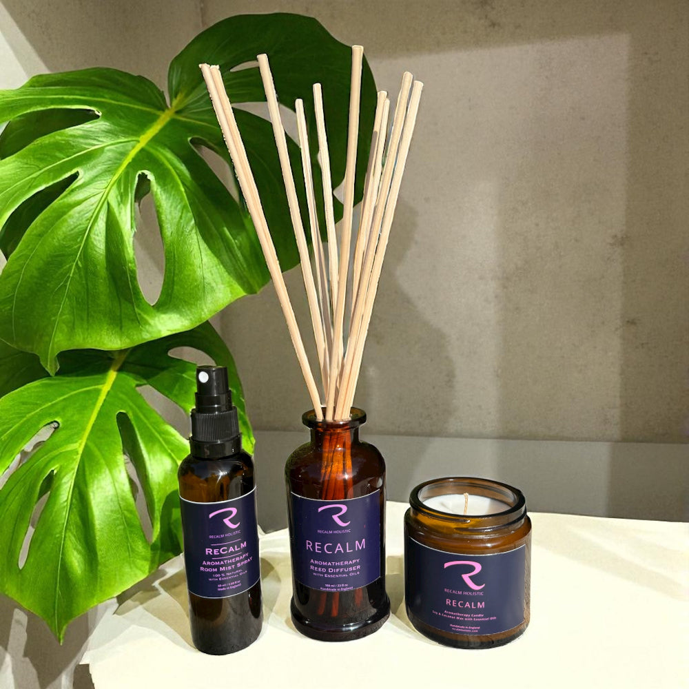 Women's Balance by ReCalm Holistic Gift Set with Aromatherapy Room Mist Spray, Aromatherapy Candle, and Aromatherapy Reed Diffuser, 100% Natural with pure essential oils, with Geranium, Clary Sage and Rosemary, Balancing, Stress Relieving, Spa Blend