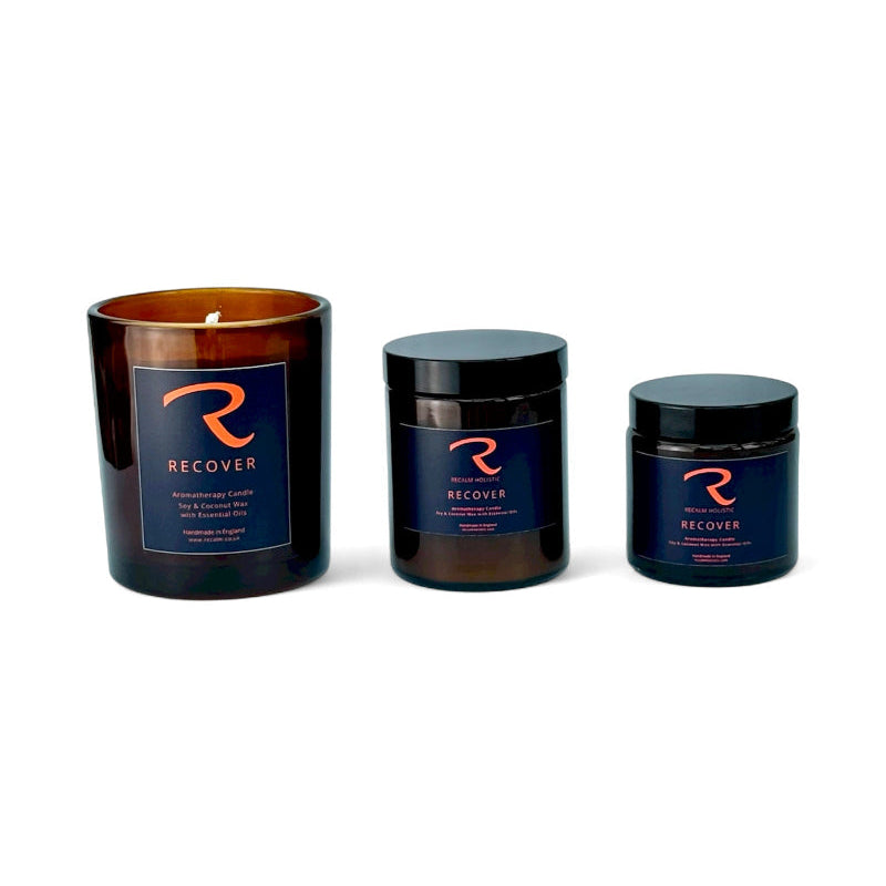 Recover Aromatherapy candles by ReCalm Holistic, three different sizes to choose from, Pure essential oils, handcrafted to perfection, the finest Aromatherapy candles in the UK