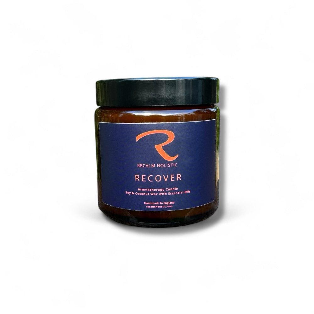 Recover Candle with pure essential oils, herbaceous, 100% natural, in elegant glass amber apothecary candle vessel