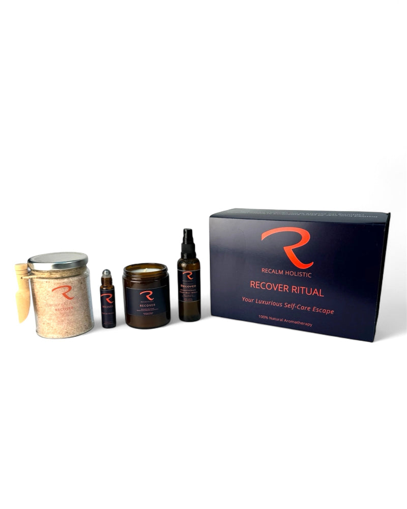 Holistic self-care products by ReCalm Holistic Called Recover Ritual with matching Botanical Bath Salts, Pulse Points, Aromatherapy Candle, Room Mist Spray in a elegant magnetic box - your self care weekly escape in your bathroom