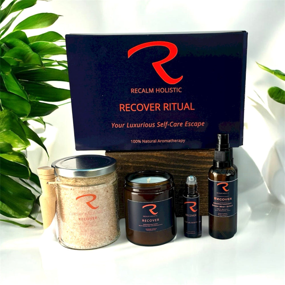 Recover Ritual, by ReCalm Holistic, your self-care weekly escape to enjoy this wonderful matching 100% natural collection of Recover Self-Care Aroma products with Bath Salts, Aromatherapy Candle, Pulse Points