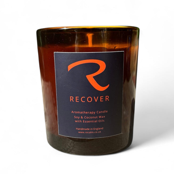 ReCalm Holistic Spa Candle in Luxury Amber 300ml large Glass Vessel with Recover label, Eucalyptus, Rosemary and Pine, Soy and Coconut Candle 100% natural