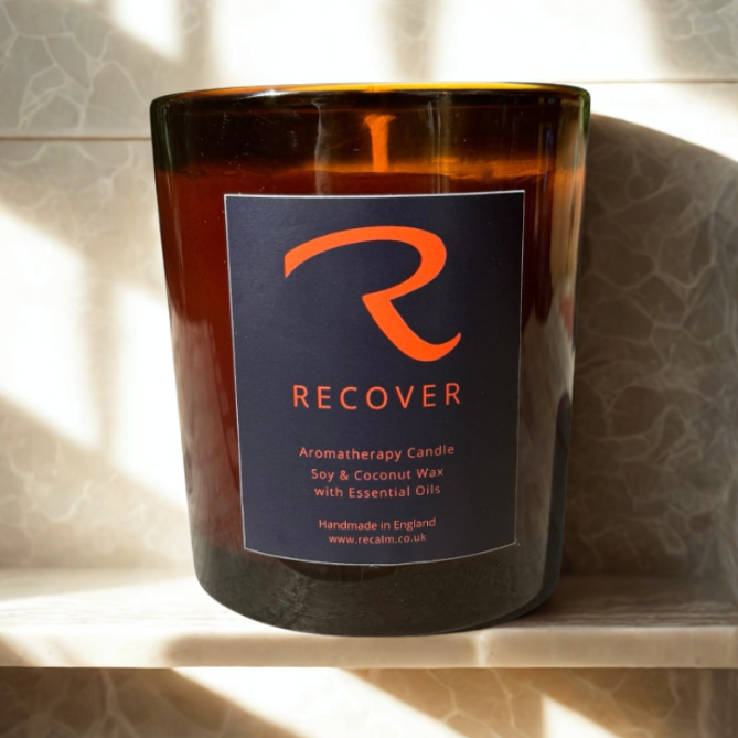 Recover Candle, by ReCalm Holistic, with 100% pure essential oils and soy and coconut wax, this is therapy in a jar, the finest Aromatherapy Candles in the UK