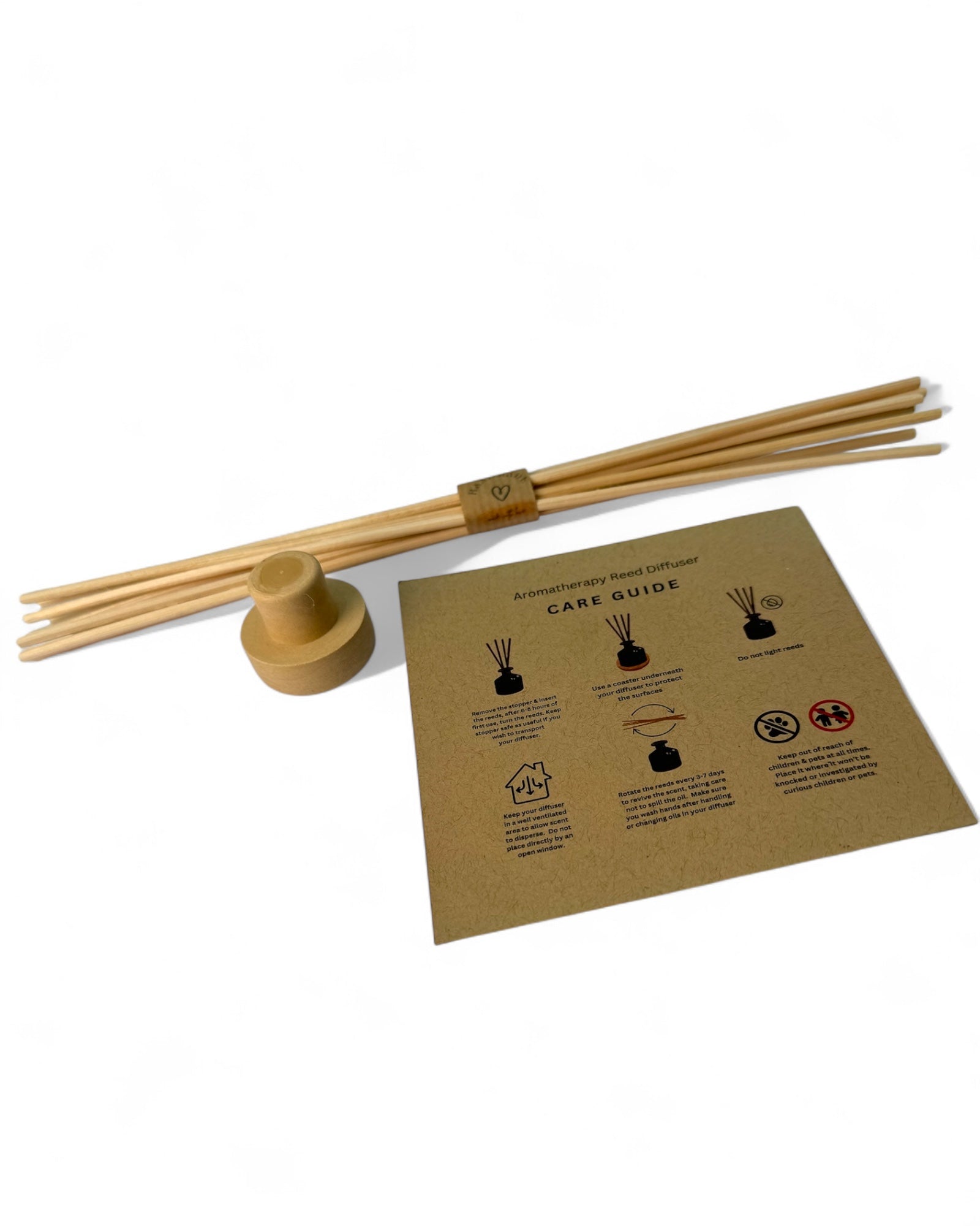 ReCalm Holistic's Rattan diffuser sticks with a care guide for Aromatherapy Reed Difffusers