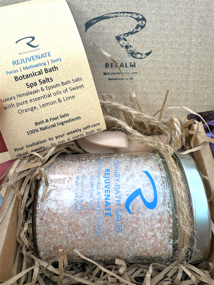 Rejuvenate Botanical Bath Spa Salts, Focus, Motivating, Zesty luxury himalayan and epsom bath salts with pure essential oils of sweet orange, lemon and lime