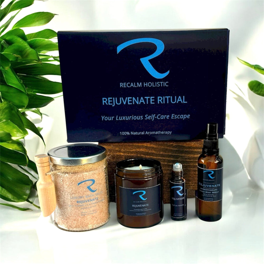 Rejuvenate Self Care Escape Aromatherapy Gift Set, 100% natural ingredients using pure essential oils, uplifting, awakening, motivating blend of orange, grapefruit, bergamot, sweet orange and lime. With botanical bath salts, aromatherapy candle, pulse points, room mist spray.
