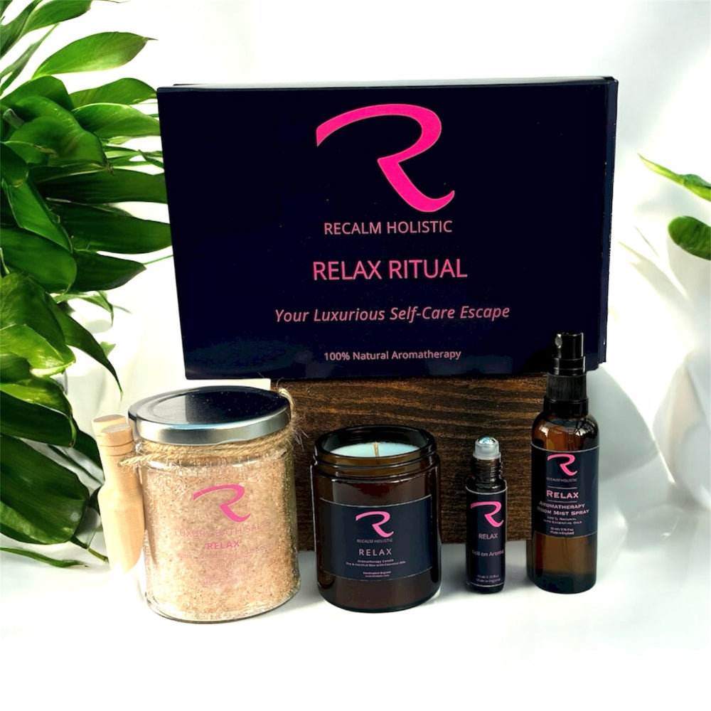 Relax Ritual, experience aromatherapy products to enhance and boost your wellbeing, with botanical bath salts, aromatherapy candle, pulse points and room mist spray, UK's no Self Care 100% natural products artisan handmade with precision and attention to quality, sustainability and care for you and our planet