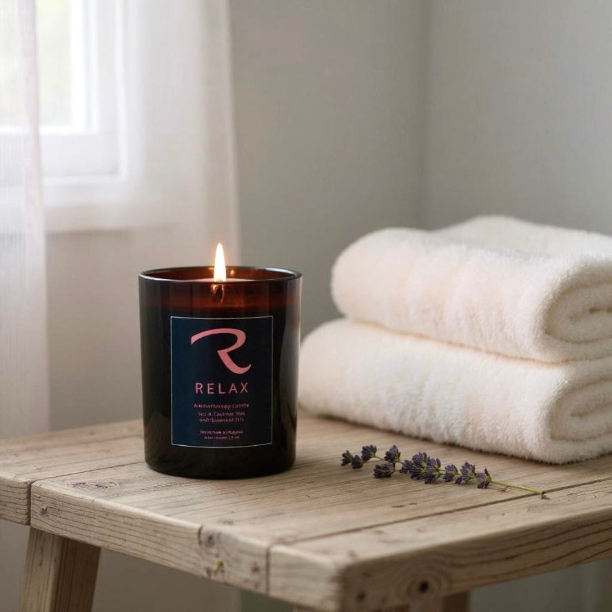 Candle labeled 'Relax' on a wooden table with towels and lavender flowers in the background