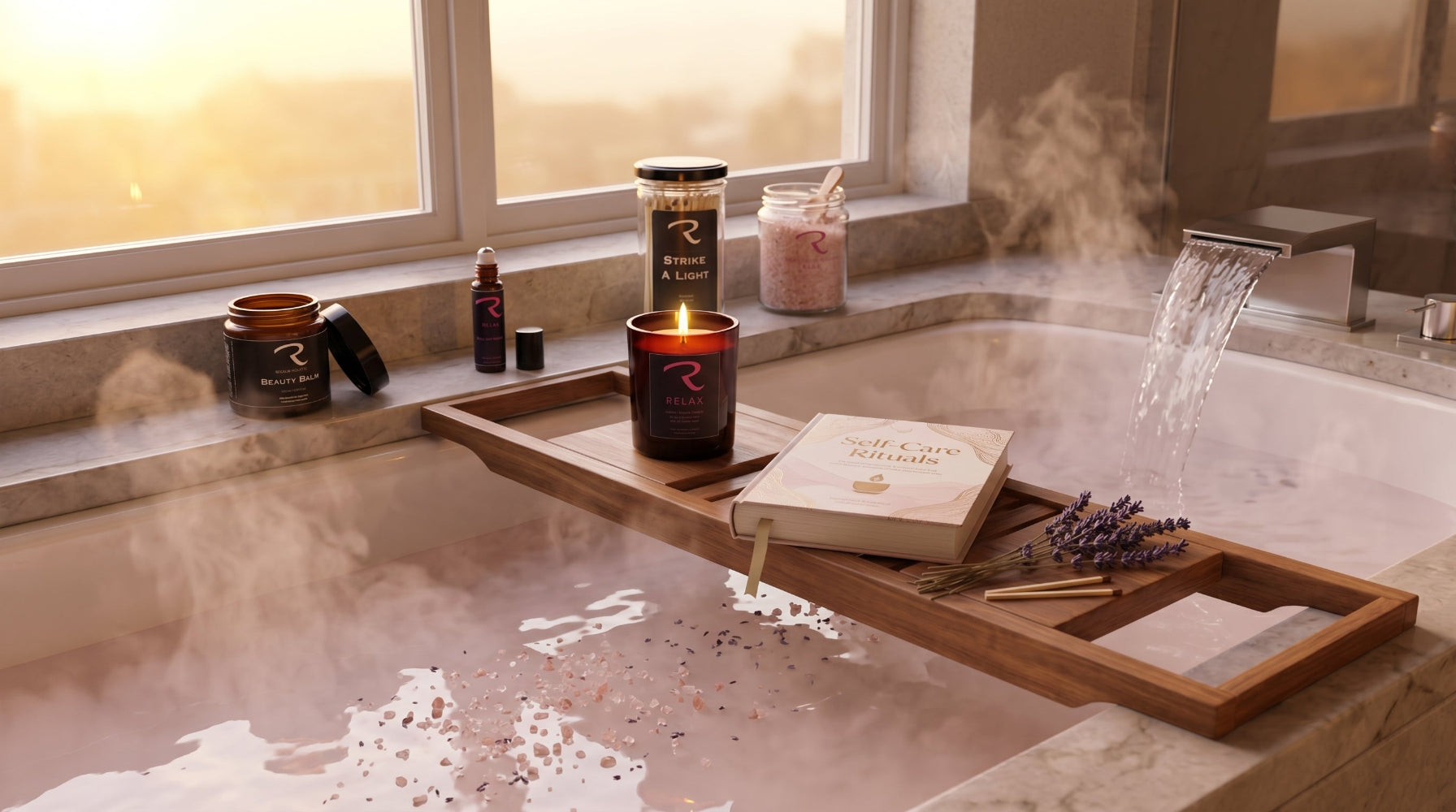 Relaxing bath with ReCalm Therapy in a Jar Candle, Self Care Weekly Ritual, with ReCalm Beauty Balm, Relax Pulse Points, Relax Bath Salts