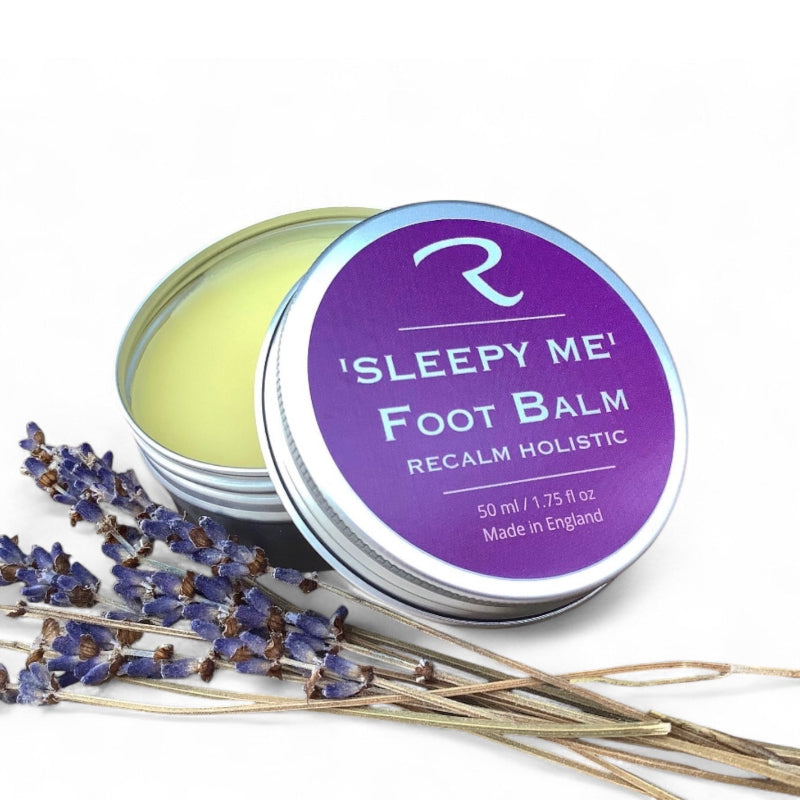 Sleepy Me Foot Balm for promoting a good night's sleep, massage foot balm with lavender, clary sage, cedarwood, frankincense by ReCalm Holistic