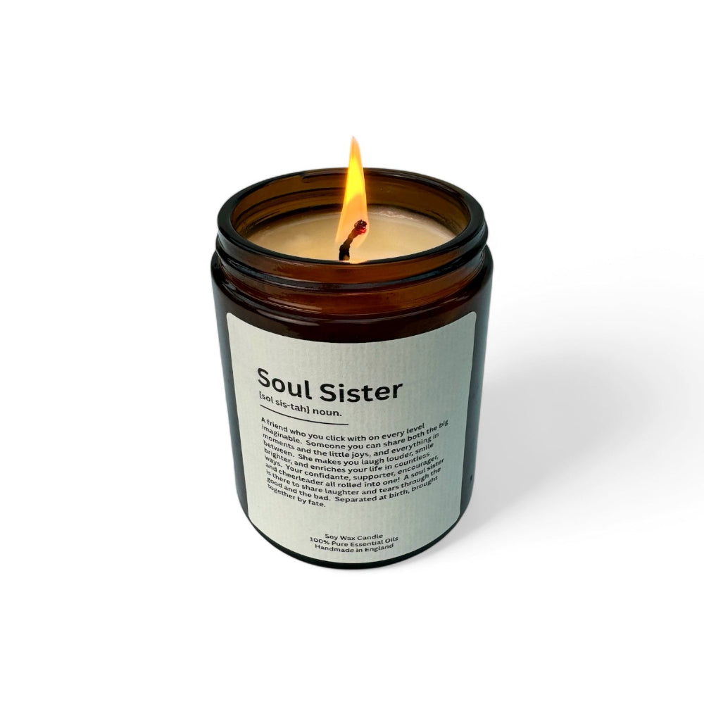 Soul Sister Definition label on candle, essential oil candle in 180ml glass amber apothecary candle jar, with pure essential oils, ReCalm Holistic
