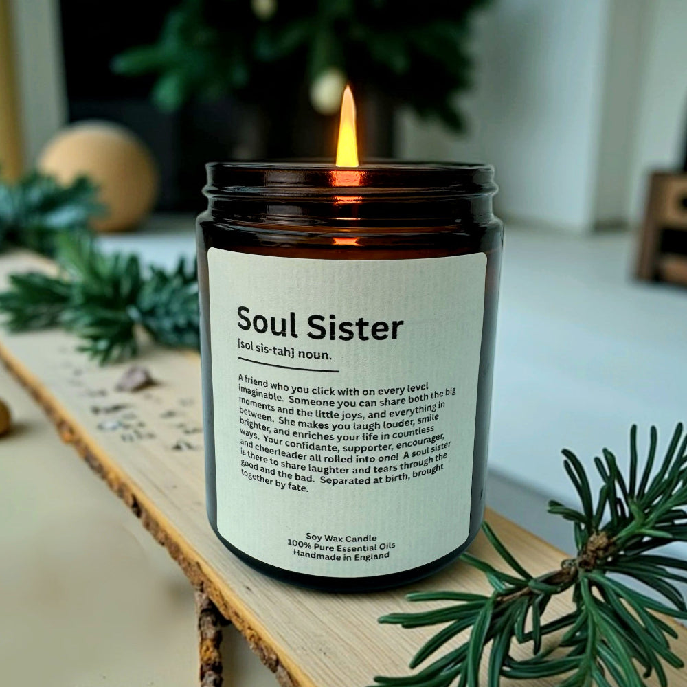 Soul Sister Essential Oil Aromatherapy Candle with Apothecary Amber Jar that glows when lit, for Special Friends Birthday, Christmas Gift
