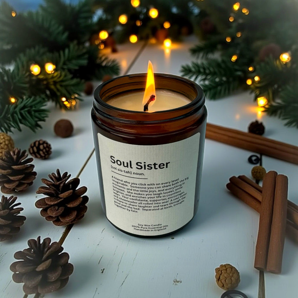 Soul Sister at Christmas time Candle, Aromatherapy Essential oil candle, Soul Sister definition on label, Eco Friendly packaging