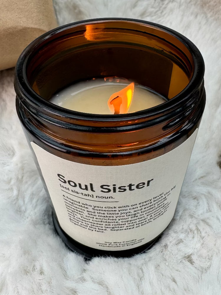 Soul Sister candle in Apothecary Amber Candle Glass Jar with words on definition of Soul Sister, Friend Birthday, Friend Christmas