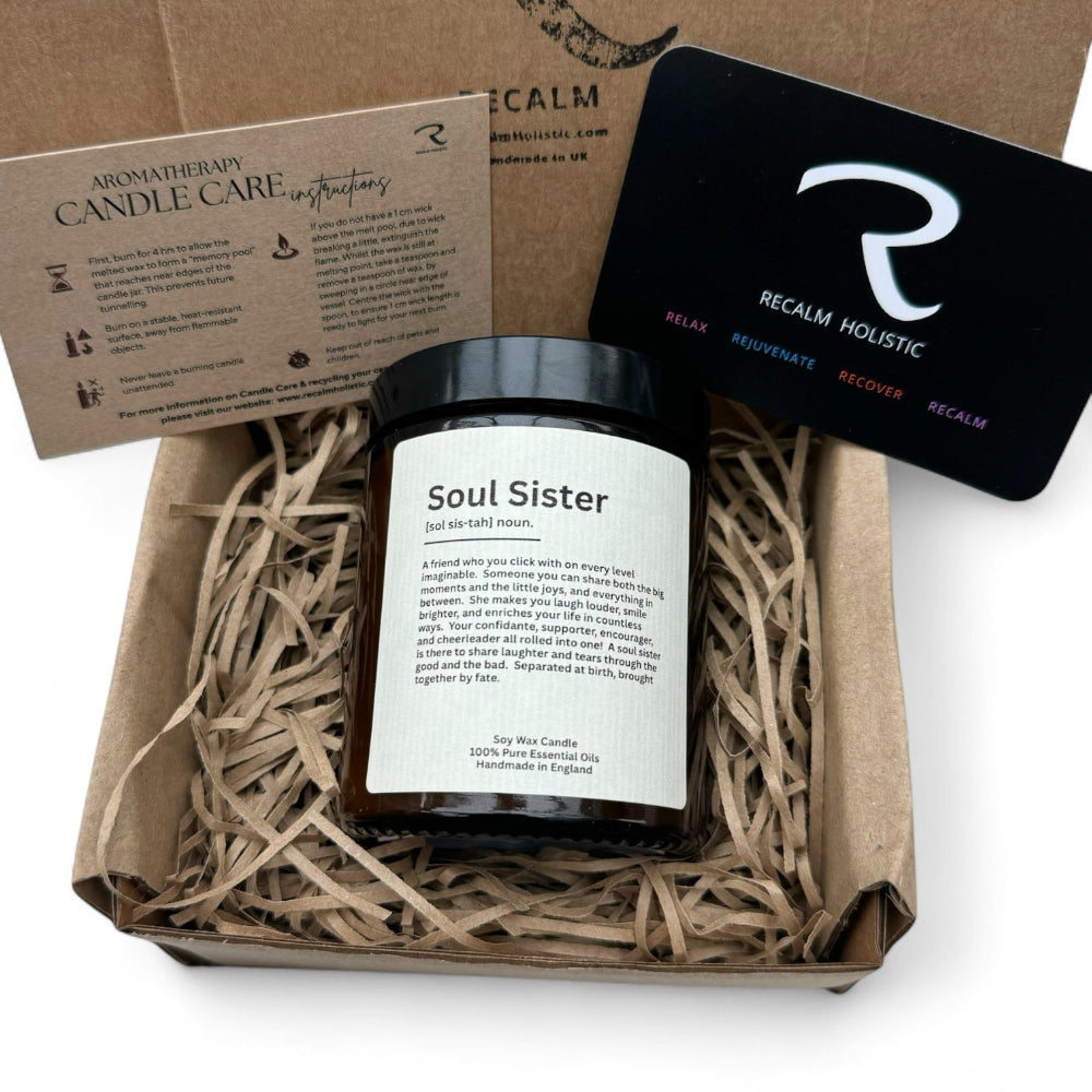 Soul Sister Candle in Gift Box, Recyclable materials, Soy Wax Candle with pure essential oils, Soul Sister Writing definition for Best Friend Birthday, Christmas Gift for Friend, Christmas Candle gift for Friend, ReCalm Holistic Business Card, Aromatherapy Candle Care Guide for ReCalm Holistic