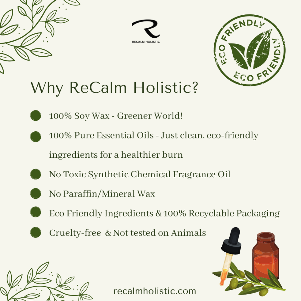 ReCalm Holistic produce 100% natural candles made with eco-friendly ingredients from soy wax and pure essential oils for a long clean non-toxic burn, hand poured in small batches by independent family run business in Wiltshire, UK