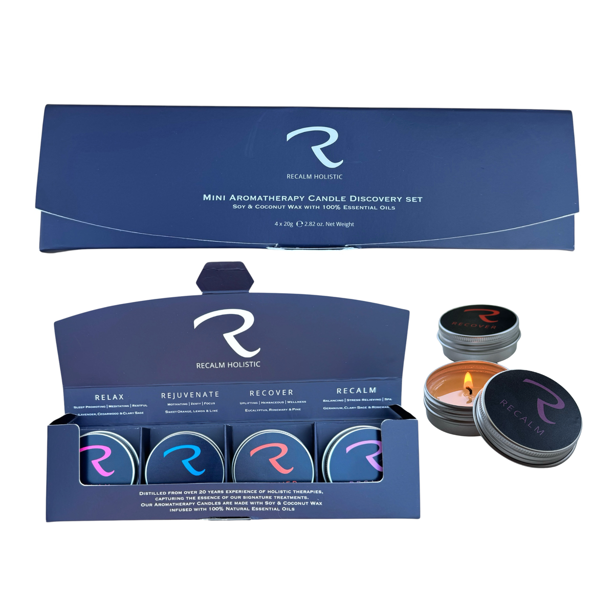 A sharp close-up photograph showing four ReCalm Holistic aromatherapy tealights inside their box, displaying the detailed labels for Relax, Rejuvenate, Recover, and ReCalm essential oil scents.