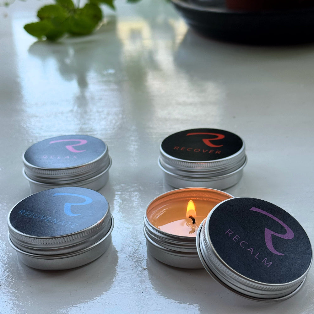 aromatherapy candle tea lights by recalm holistic discovery set of four signature aromas to Relax, Rejuvenate, Recover and ReCalm, pure essential oils, natural aromas, non-toxic.